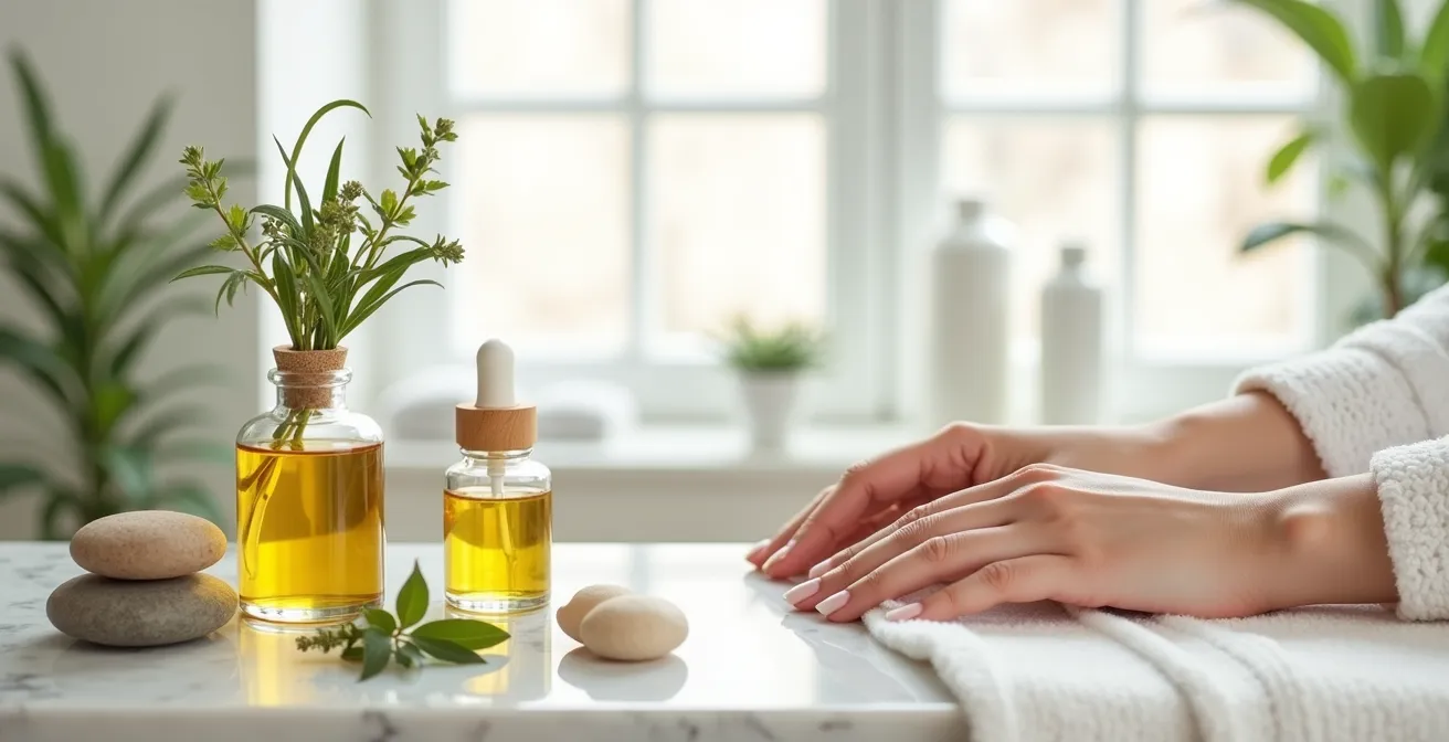 Stillleben mit natürlichen Nagelpflegeprodukten und gesunden Händen in entspannter Umgebung