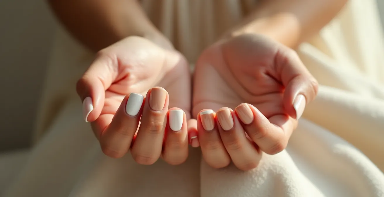 Verschiedene Nude-Töne auf gepflegten Händen, die den Rauswuchs kaschieren