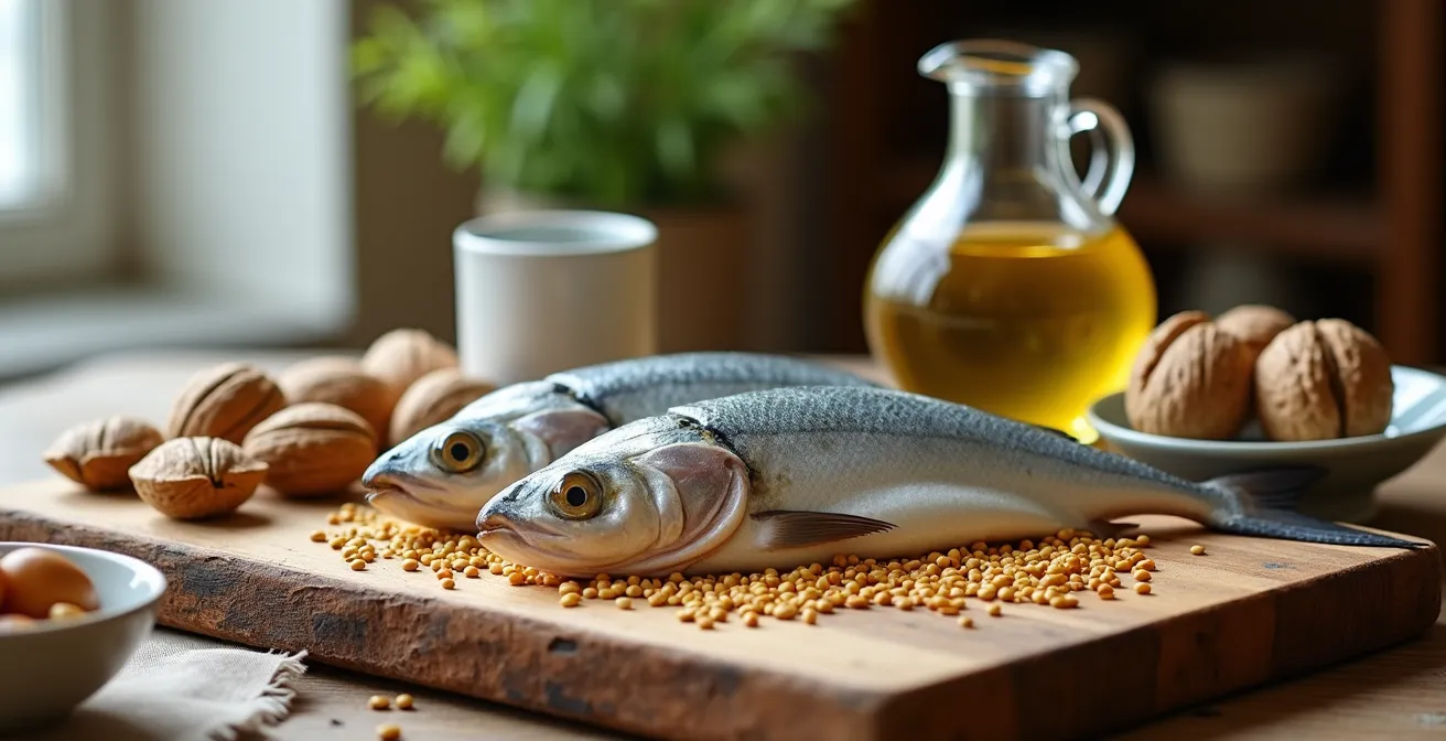 Stillleben mit deutschen Omega-3-Quellen: Hering, Leinsamen, Walnüsse und Rapsöl