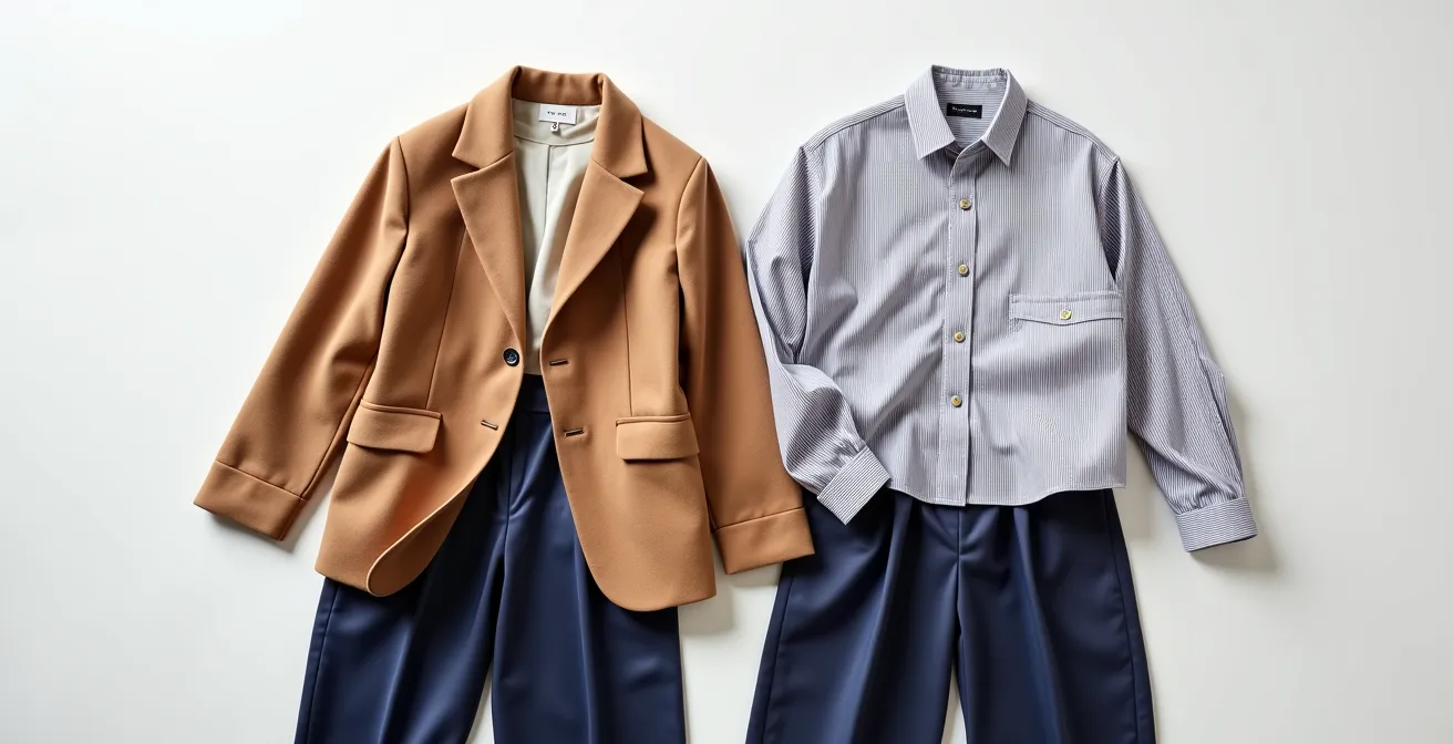 Flachlage-Arrangement von drei Oversize-Basics: Blazer, Hose und Hemd