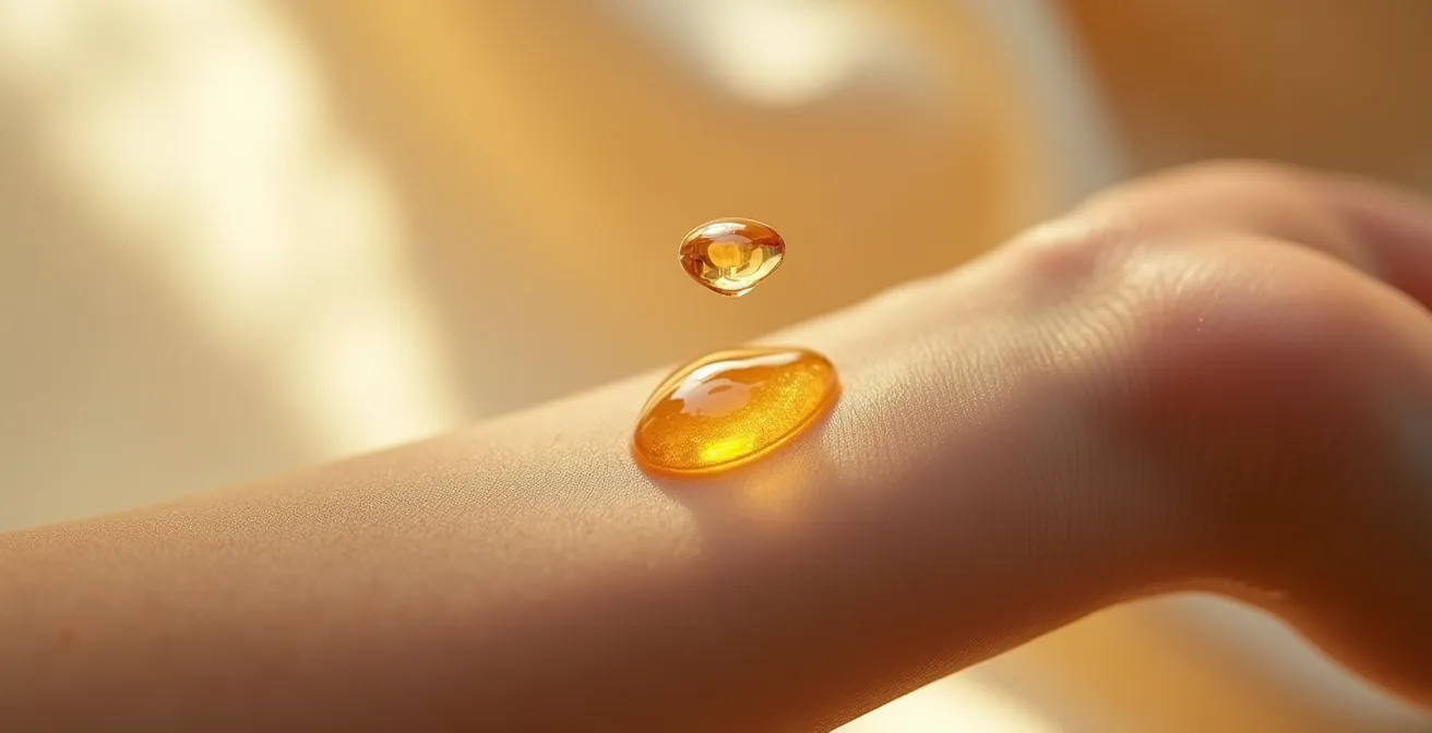 Extreme Nahaufnahme eines Handgelenks, auf das ein goldener Tropfen Parfum aufgetragen wird, um die Textur der Haut und die Pulspunkte hervorzuheben.