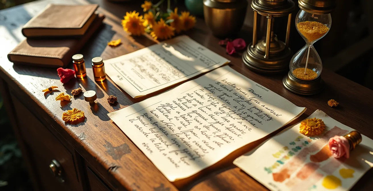 Kreativer Arbeitsplatz einer Parfümeurin mit Notizen, Inspirationsmaterialien und Duftfläschchen für ein Parfum-Briefing