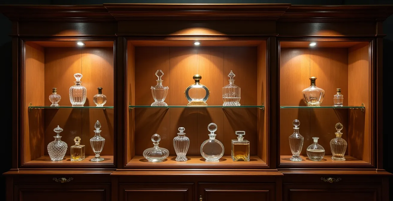 Historische Parfumflakons verschiedener Epochen in elegantem Museum-Display