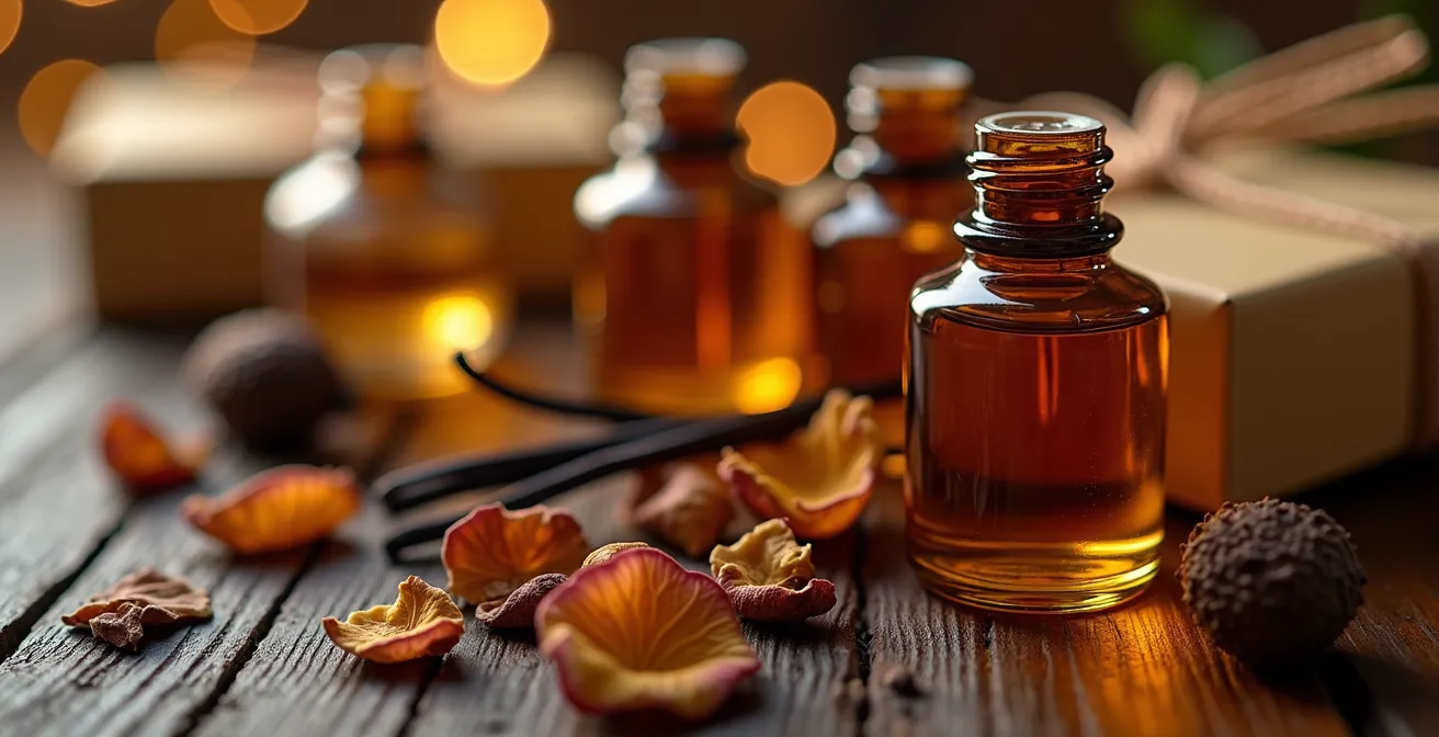 Eleganter Geschenkgutschein für Parfum-Workshop mit Duftessenzen im Hintergrund