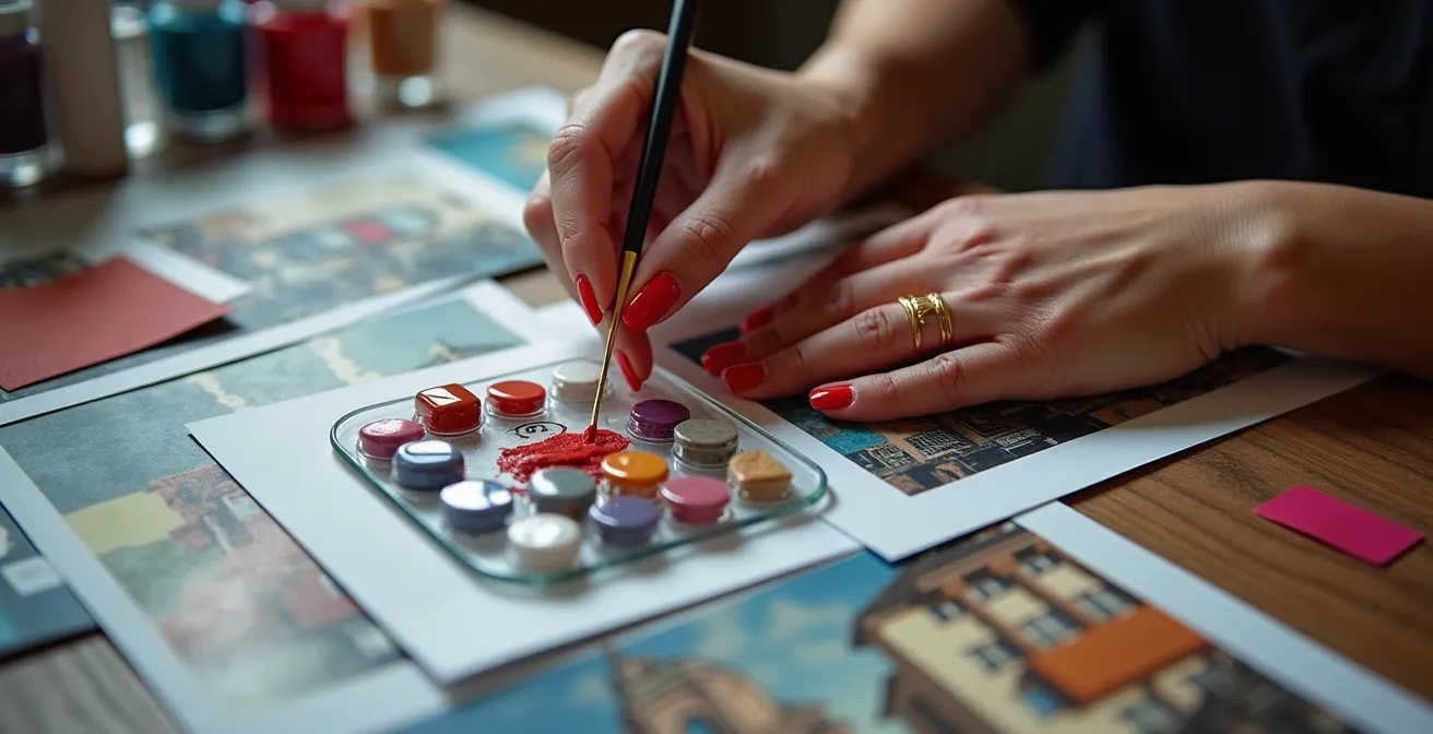 Kreative Farbpalette und Texturproben für individuelle Nagelkunst