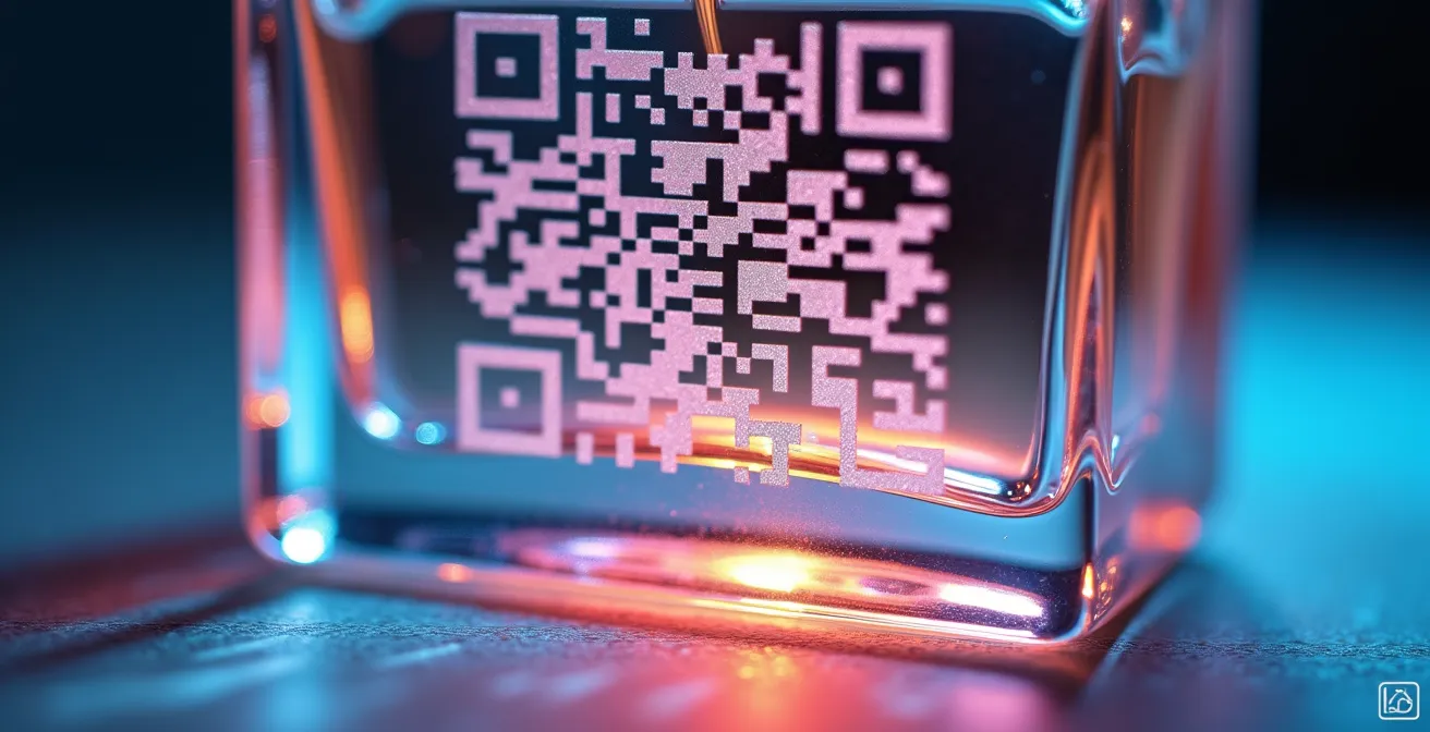 Nahaufnahme einer QR-Code Gravur am Boden eines Parfumflakons
