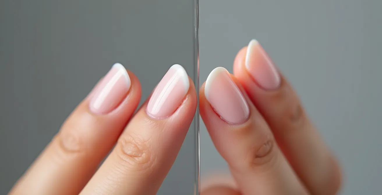 Detailaufnahme eines Nagels mit sichtbaren Längsrillen neben einem glatten, behandelten Nagel
