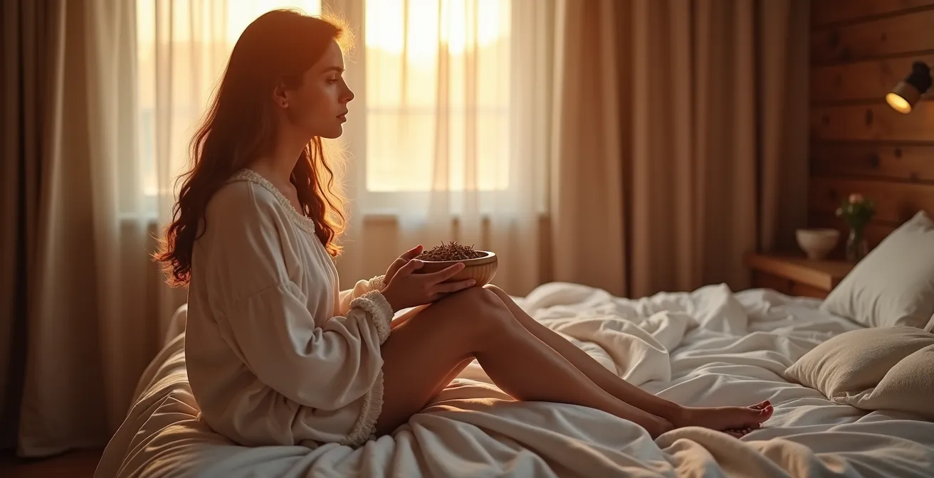 Ruhiges Schlafzimmer mit Zirbenholzelementen und sanfter Abendbeleuchtung