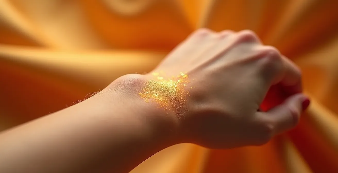 Nahaufnahme eines Handgelenks mit schimmernden Duftpartikeln die sich elegant verteilen