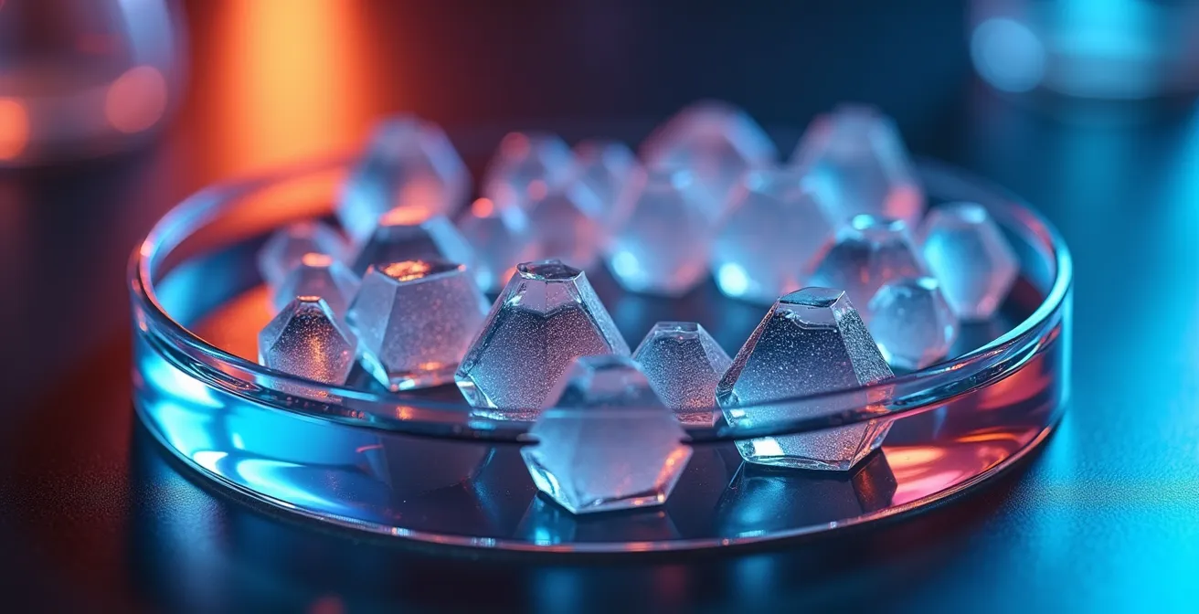Makroaufnahme synthetischer Duftmoleküle im Labor, die ihre kristalline Schönheit zeigt