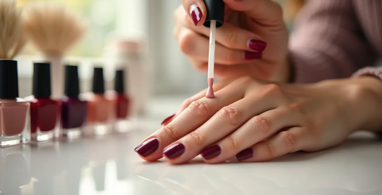 Nahaufnahme beim präzisen Auftragen eines Top Coats auf perfekt lackierte Nägel