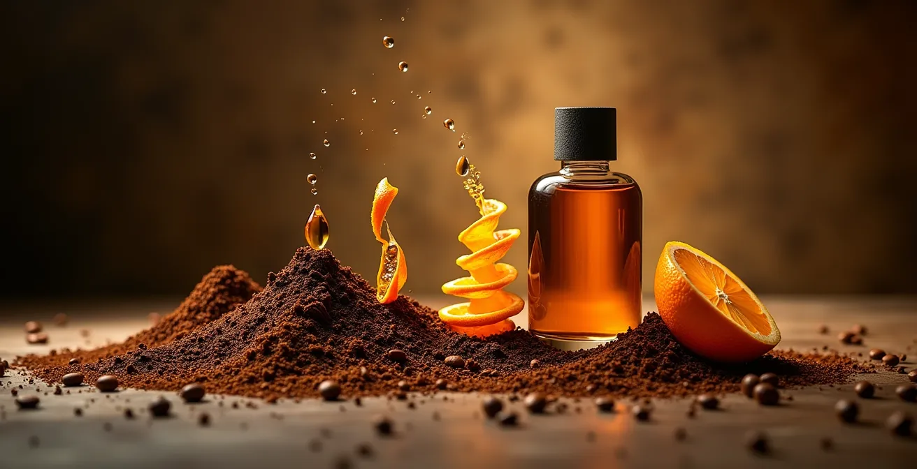 Anordnung von Orangenschalen, Kaffeesatz und Holzspänen als Rohstoffe für Parfumherstellung