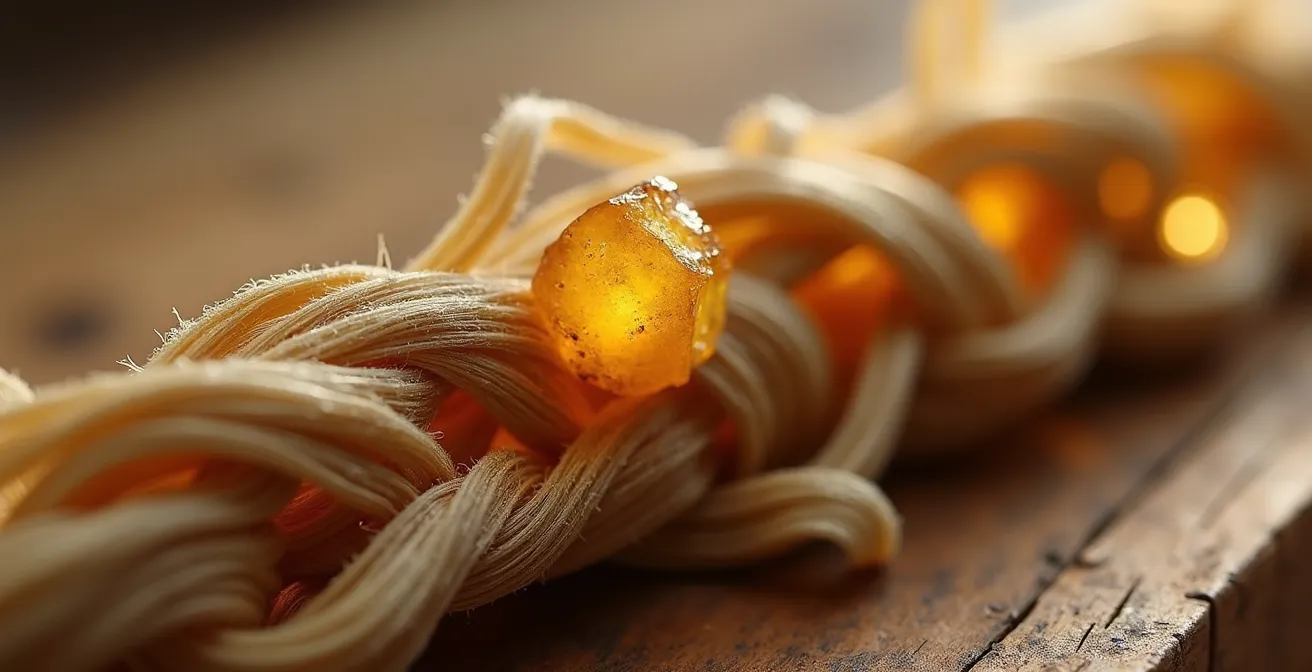Makroaufnahme von Vetiverwurzeln und Weihrauchkristallen in natürlichem Licht