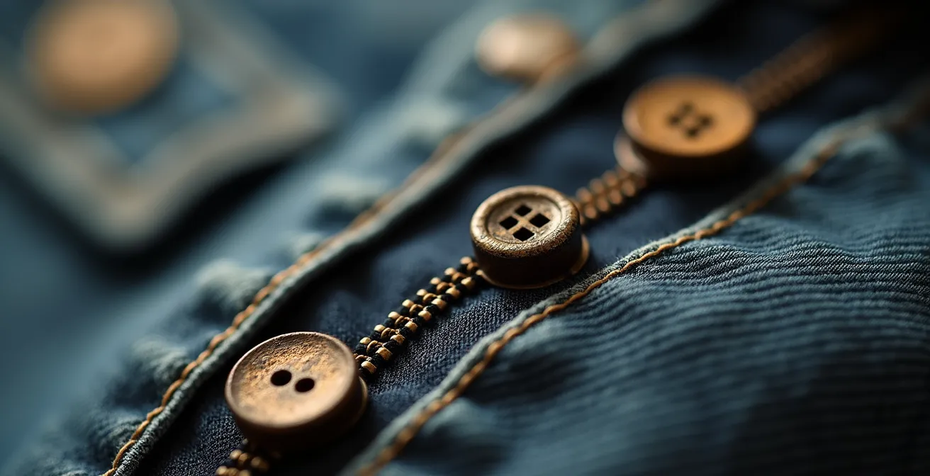 Extreme Nahaufnahme von authentischen Vintage-Details wie handgenähten Säumen und alten Etiketten