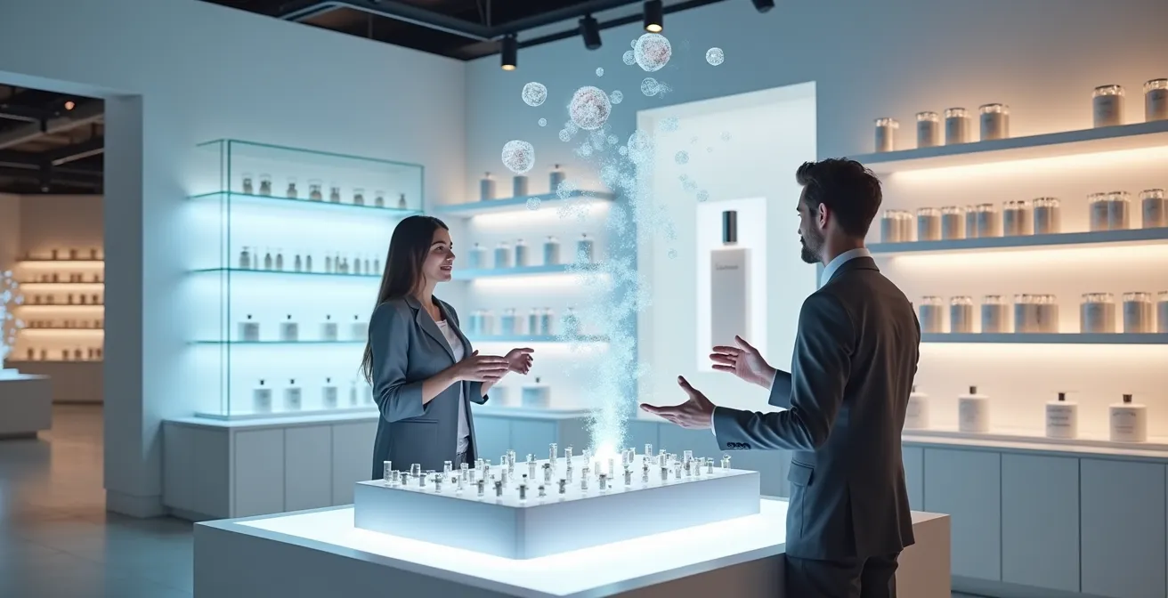 Kundin erlebt virtuelle Parfumberatung mit AR-Technologie im Flagship-Store