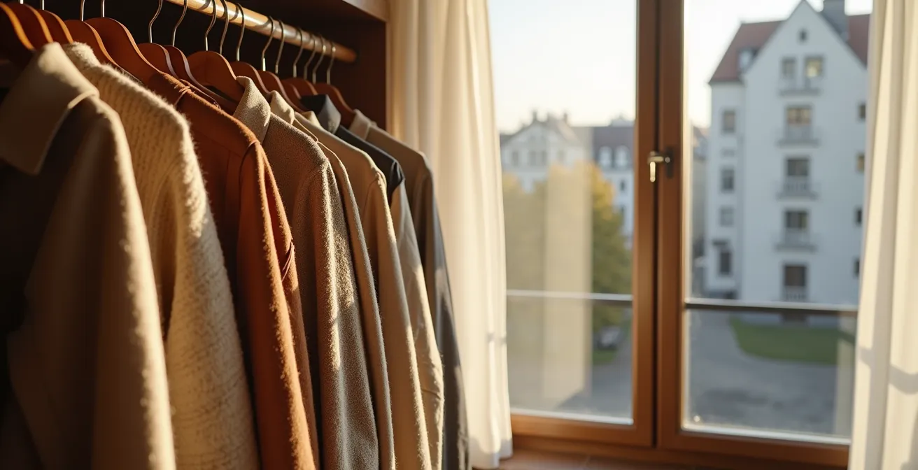 Kuratorische Ansicht eines modernen Kleiderschranks mit potentiellen Vintage-Stücken, die Qualität und Zeitlosigkeit ausstrahlen.